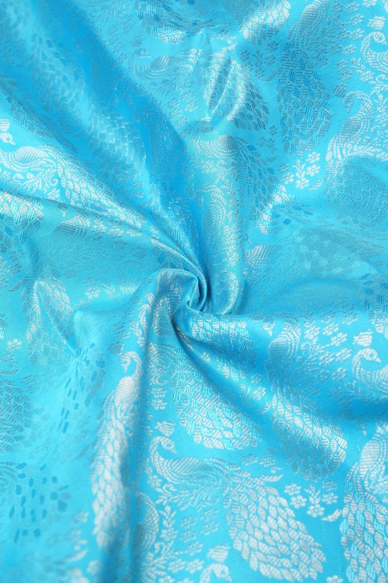 Arctic Blue Kanchipuram Silk Sarees with Silver Zari Floral Patterns view 4