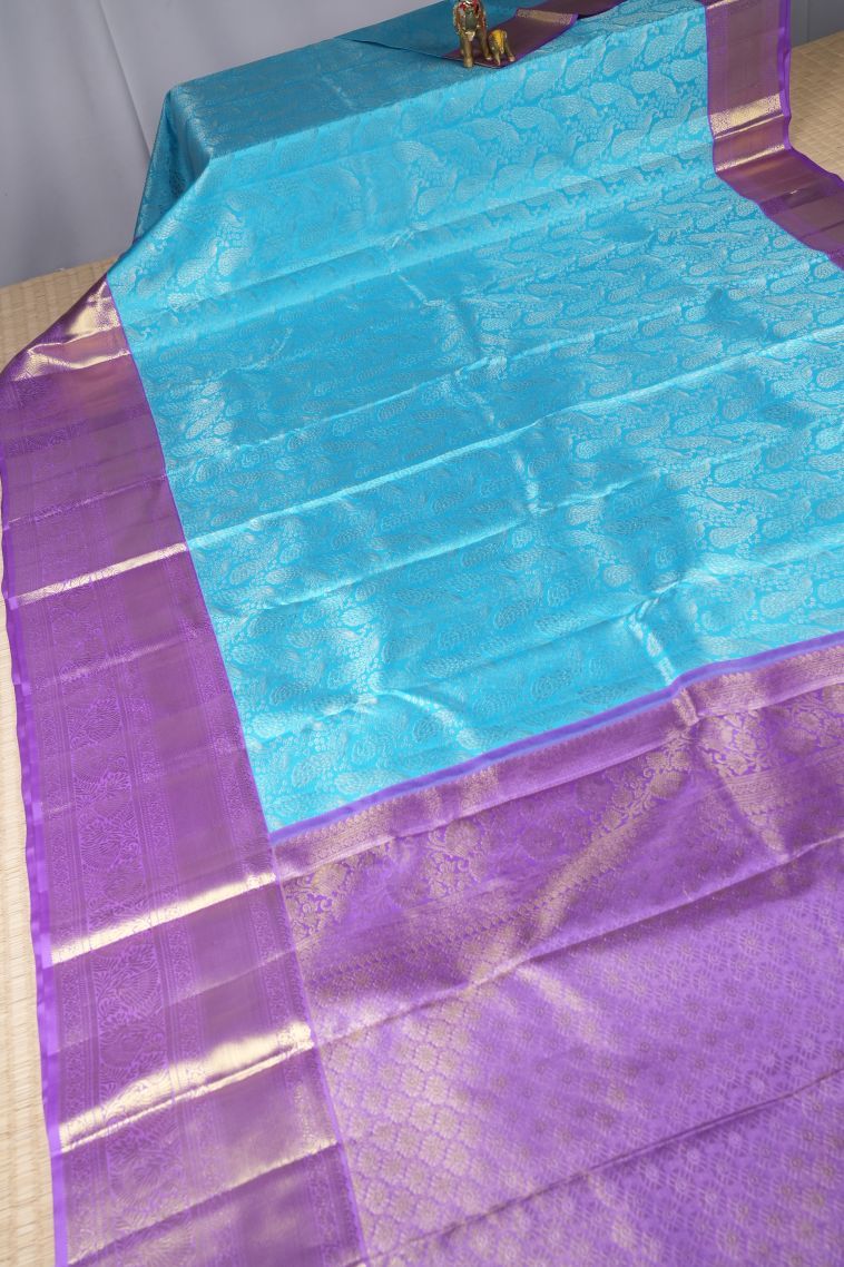 Arctic Blue Kanchipuram Silk Sarees with Silver Zari Floral Patterns view 2