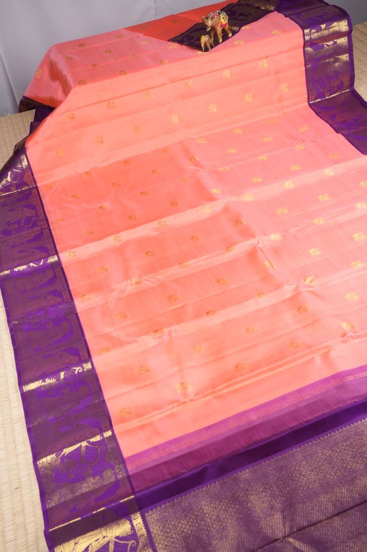 Peach Pink Kanchipuram Silk Sarees with Gold Zari Buttis (small Dots Or Motifs) view 2