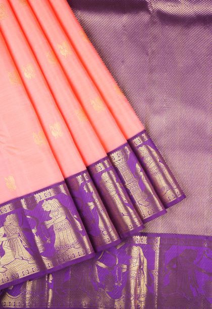 Peach Pink Kanchipuram Silk Sarees with Gold Zari Buttis (small Dots Or Motifs)
