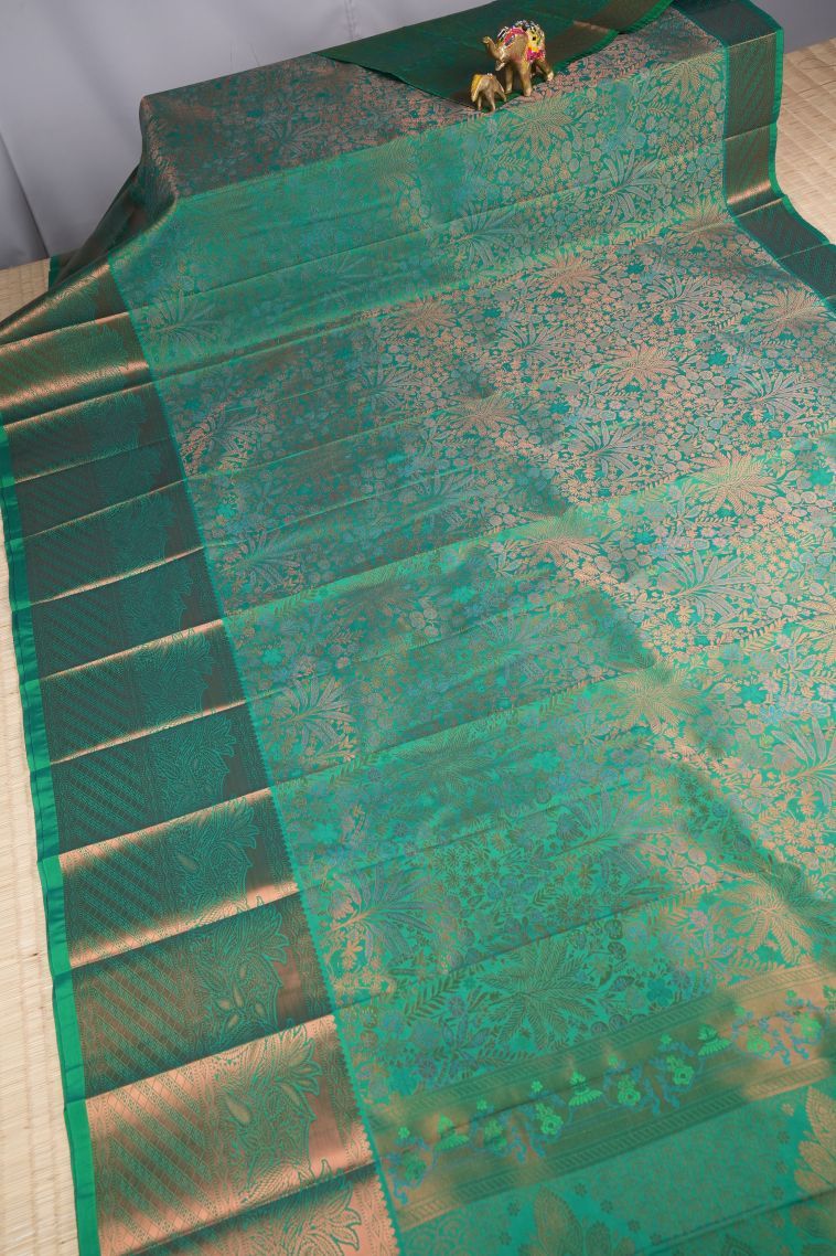 Ocean Blue Visiri Madippu Silk Sarees with Copper Zari Floral Patterns view 2