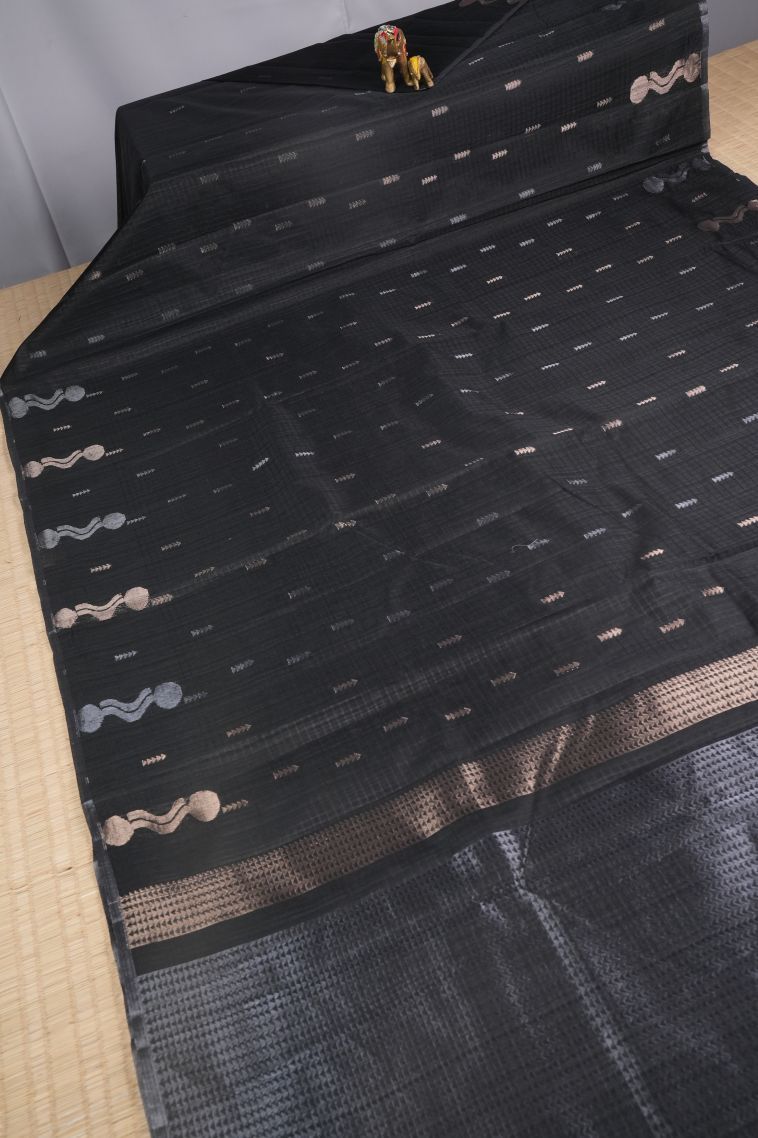 Asphalt Black Jute Sarees with Copper Zari Buttis (small Dots Or Motifs) view 2