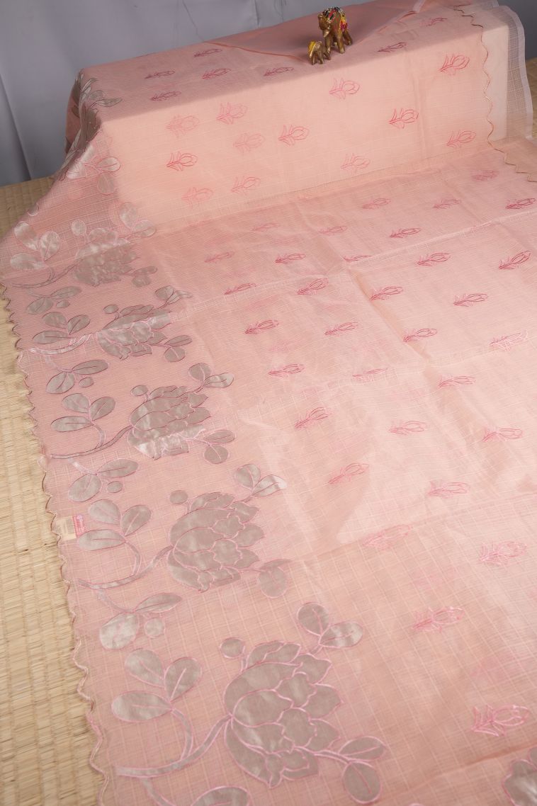 Peach Pink Organza Saree with Without Zari Zari Buttis (small Dots Or Motifs) view 2