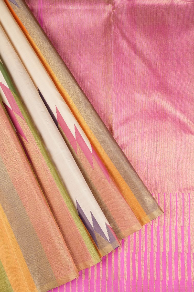 Cream White Kanchipuram Silk Sarees with Gold Zari Abstract Designs view 1