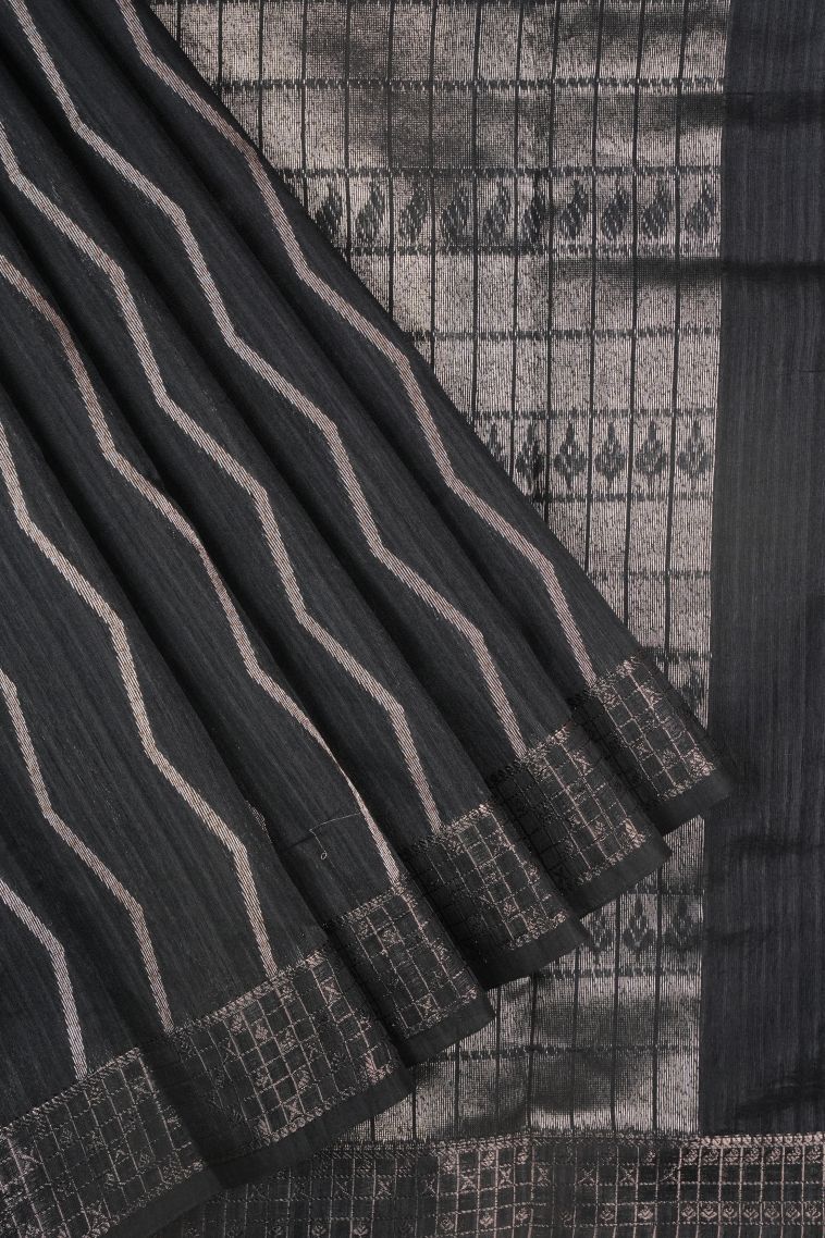 Asphalt Black Jute Sarees with Copper Zari Stripes view 1
