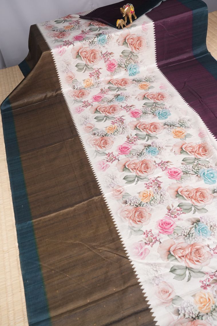 Daisy White Tussar Saree with Without Zari Zari Floral Patterns view 2