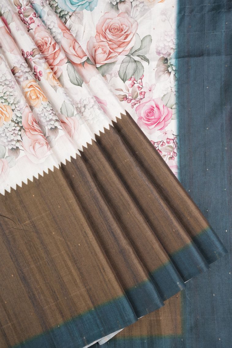 Daisy White Tussar Saree with Without Zari Zari Floral Patterns view 1