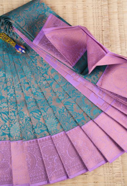 Cerulean Blue Visiri Madippu Silk Sarees with Copper Zari Floral Patterns