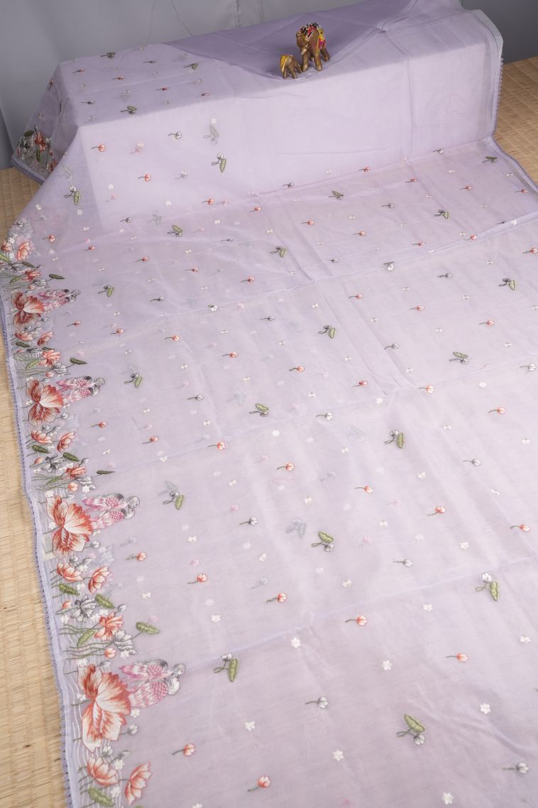 Lavender Purple Organza Saree with Without Zari Zari Buttis (small Dots Or Motifs) view 2