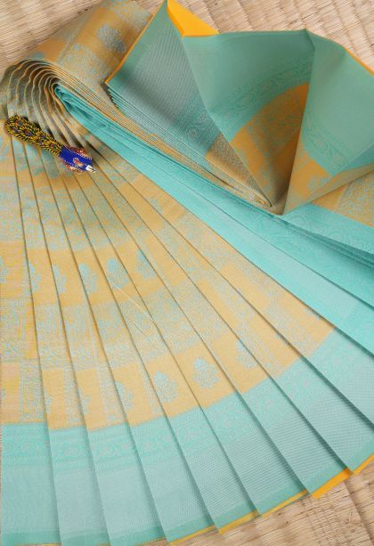 Lemon Yellow Visiri Madippu Silk Sarees with Silver Zari Buttis (small Dots Or Motifs)