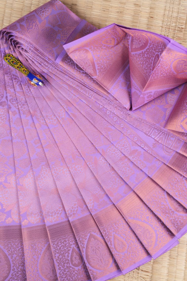 Lavender Purple Visiri Madippu Silk Sarees with Copper Zari Floral Patterns view 1