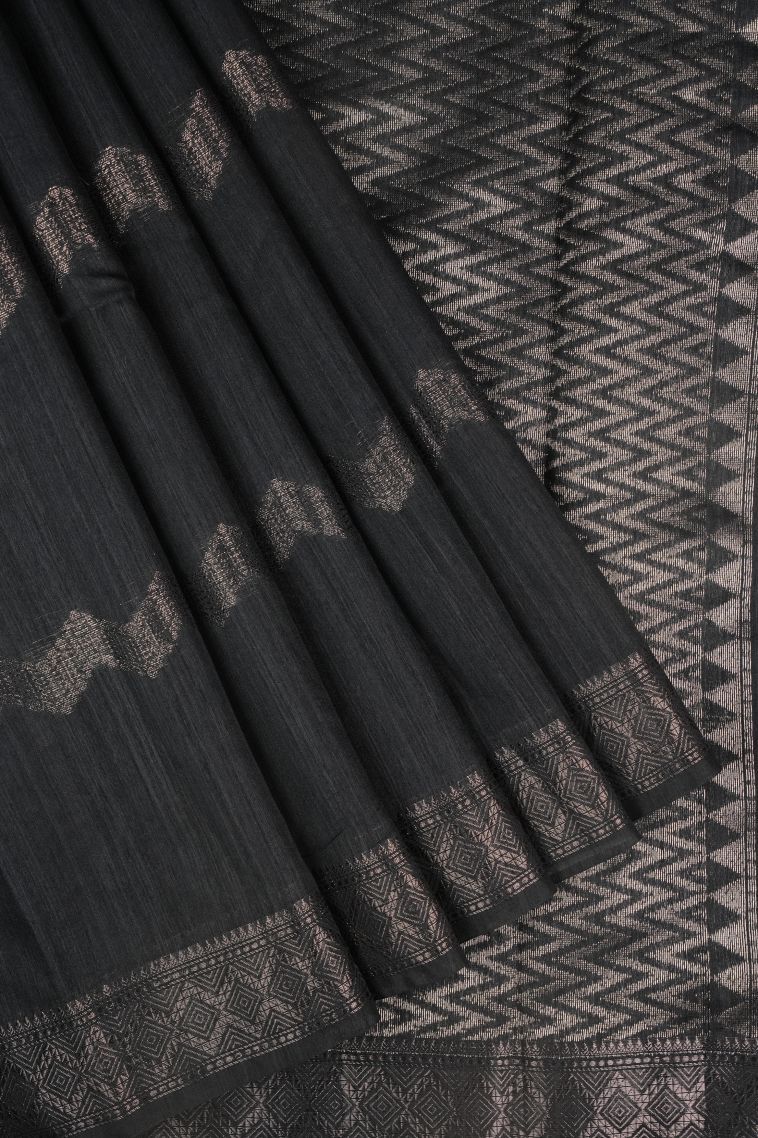 Asphalt Black Jute Sarees with Copper Zari Stripes view 1