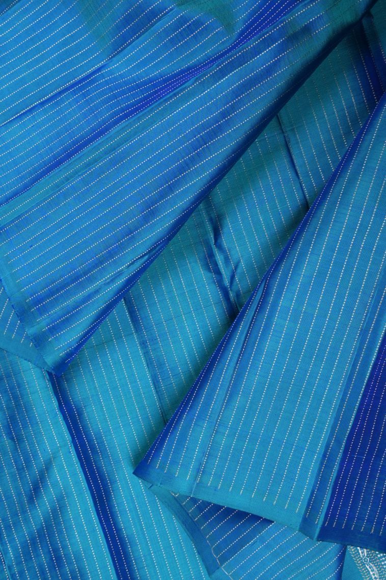 Peacock Blue Kanchipuram Silk Sarees with Gold Zari Stripes view 3