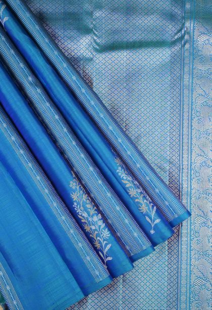 Peacock Blue Kanchipuram Silk Sarees with Gold Zari Stripes