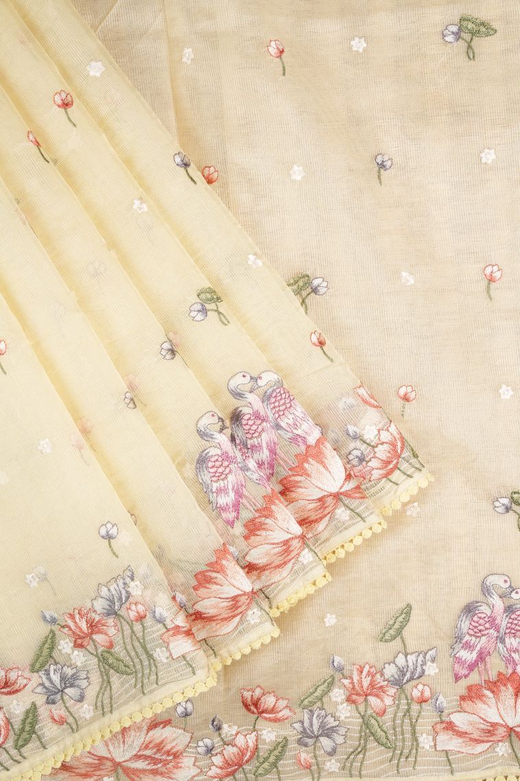 Cream White Organza Saree with Without Zari Zari Buttis (small Dots Or Motifs) view 1