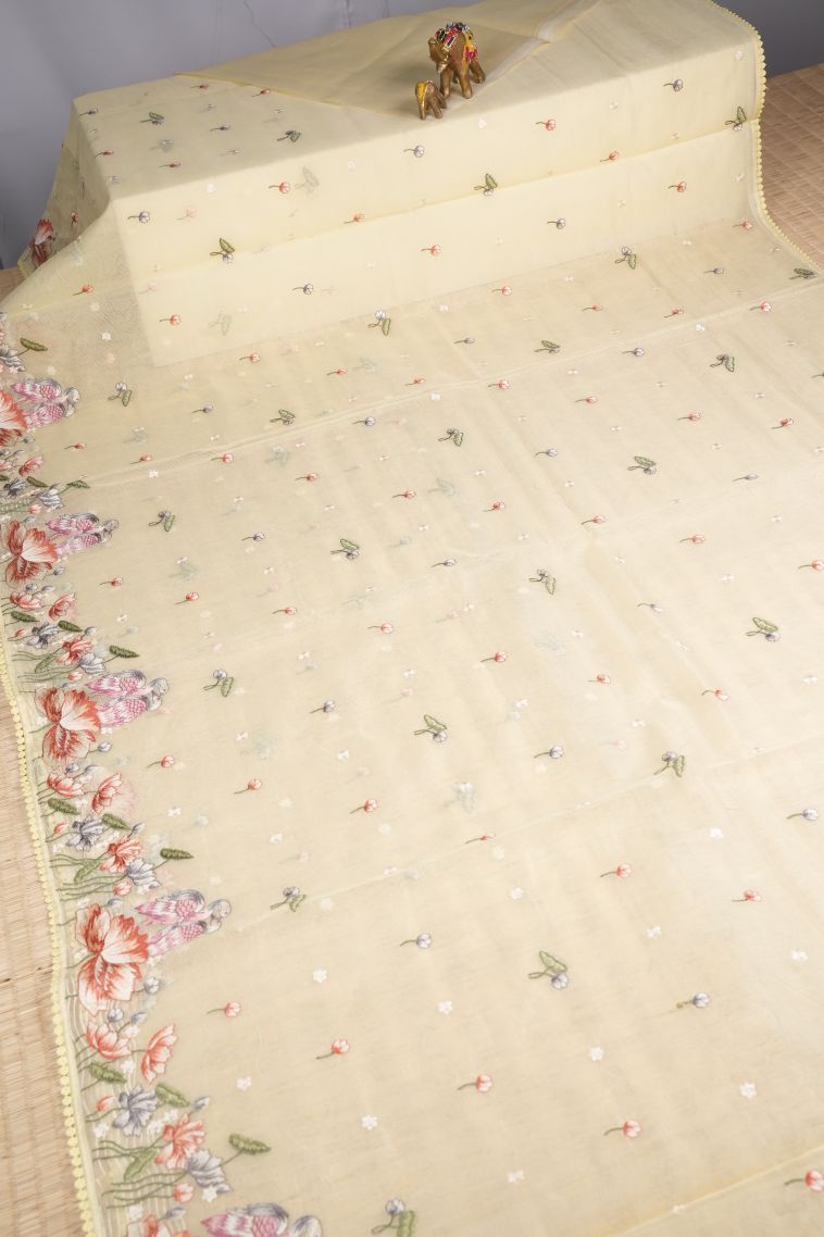 Cream White Organza Saree with Without Zari Zari Buttis (small Dots Or Motifs) view 2