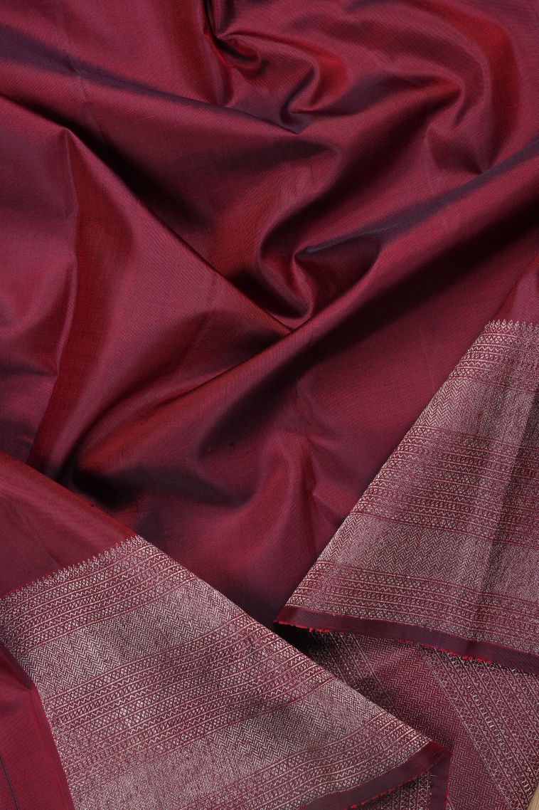 Apple Red Kanchipuram Silk Sarees with Silver Zari Abstract Designs view 3