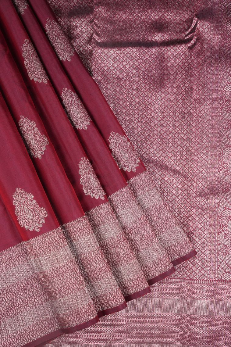 Apple Red Kanchipuram Silk Sarees with Silver Zari Abstract Designs view 1