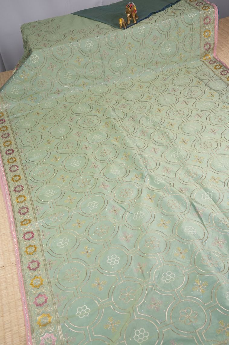 Pistachio Green Organza Saree with Without Zari Zari Floral Patterns view 2