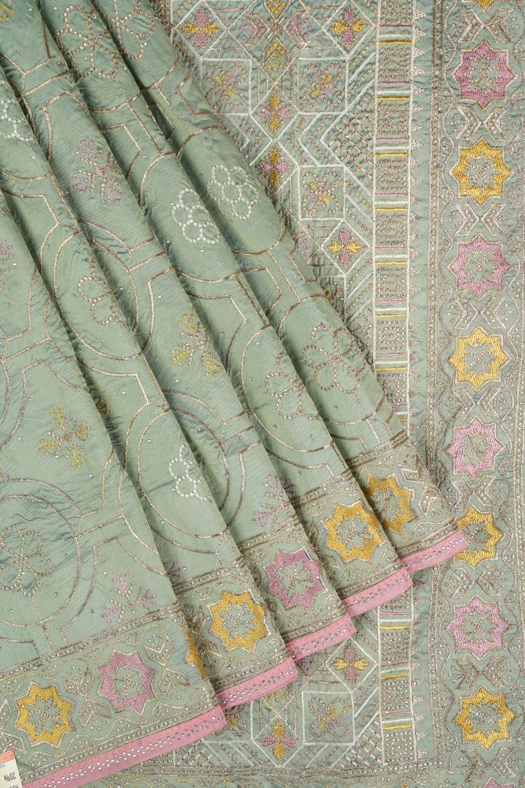 Pistachio Green Organza Saree with Without Zari Zari Floral Patterns view 1