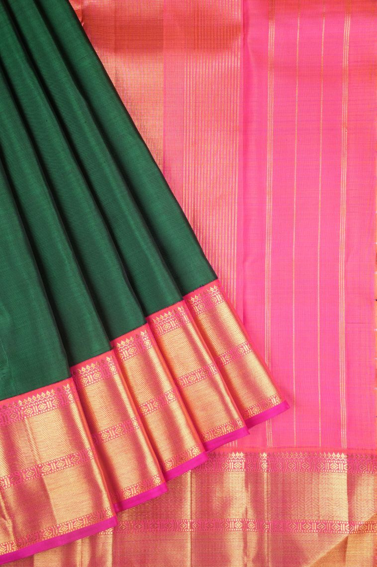 Bottle Green Kanchipuram Silk Sarees with Without Zari Zari Plain view 1