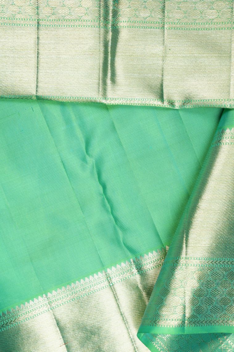 Seafoam Green Kanchipuram Silk Sarees with Gold Zari Floral Patterns view 3