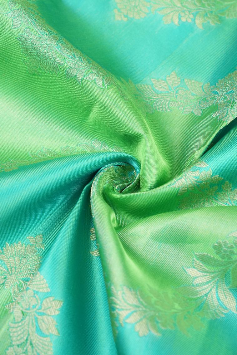 Seafoam Green Kanchipuram Silk Sarees with Gold Zari Floral Patterns view 4
