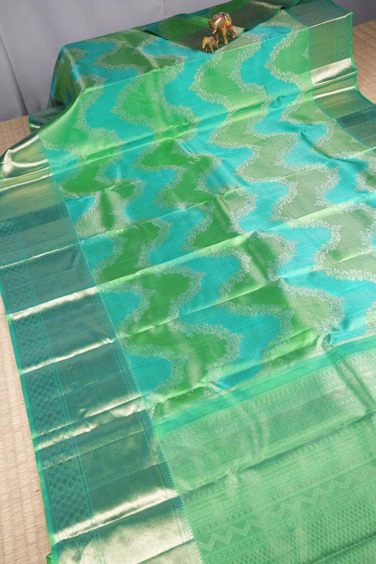Seafoam Green Kanchipuram Silk Sarees with Gold Zari Floral Patterns view 2