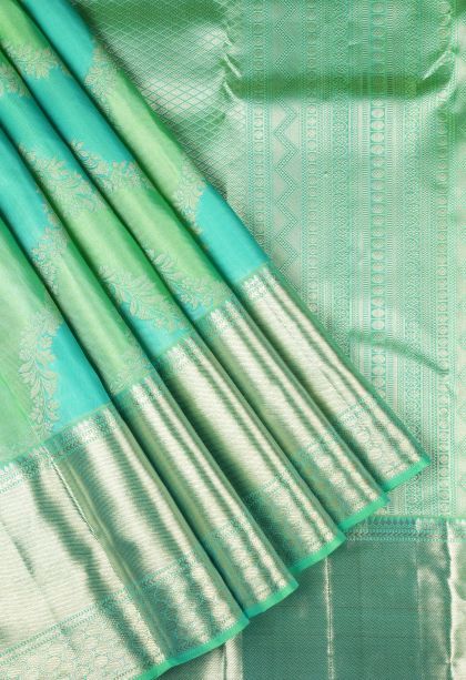 Seafoam Green Kanchipuram Silk Sarees with Gold Zari Floral Patterns