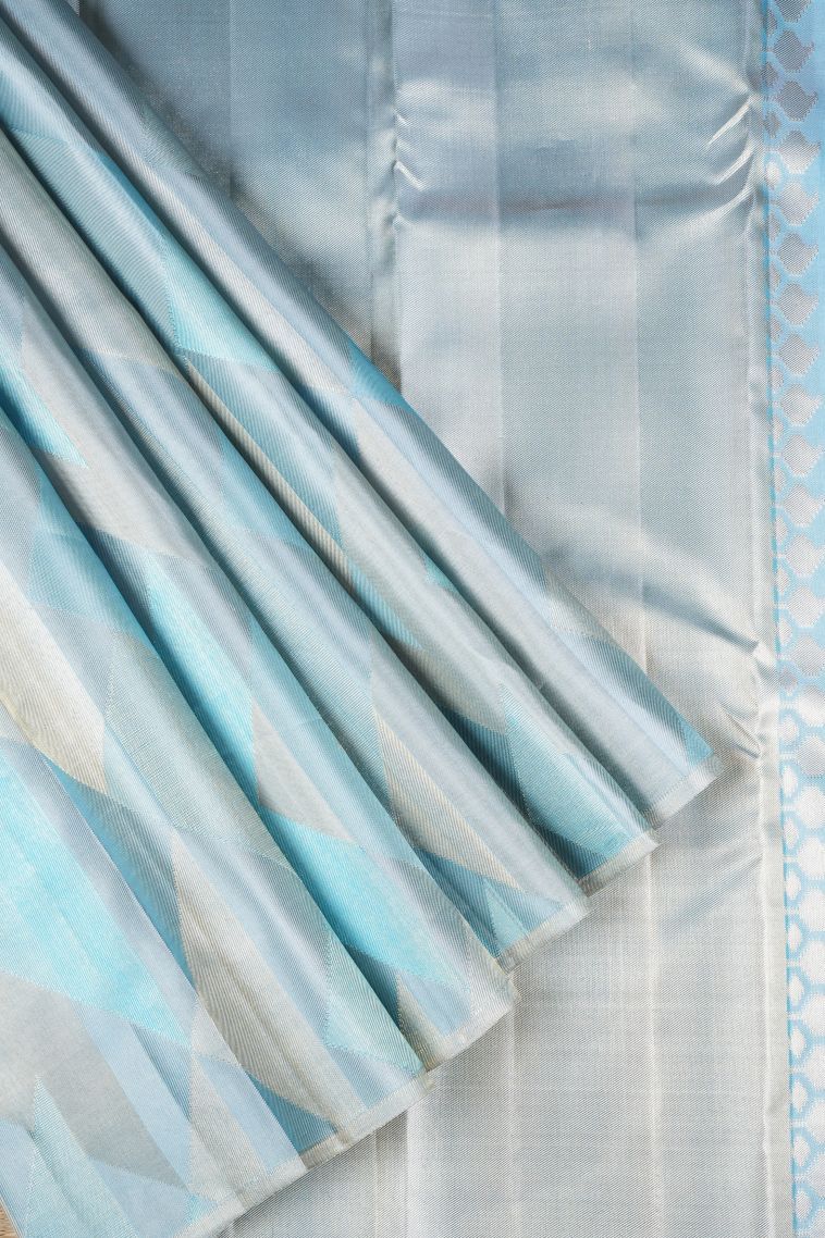 Arctic Blue Kanchipuram Silk Sarees with Gold Zari Geometric Shapes view 1