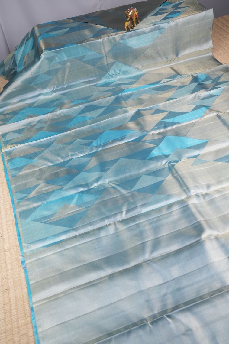 Arctic Blue Kanchipuram Silk Sarees with Gold Zari Geometric Shapes view 2