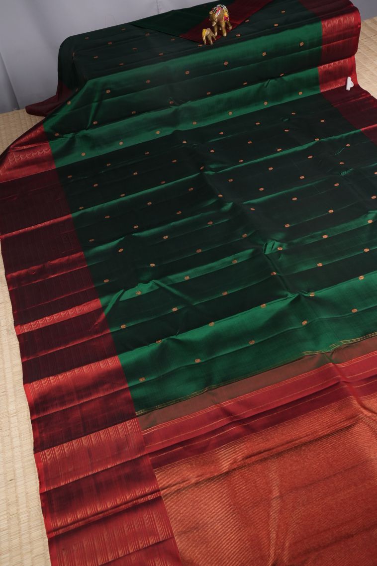 Basil Green Kanchipuram Silk Sarees with Gold Zari Buttis (small Dots Or Motifs) view 2