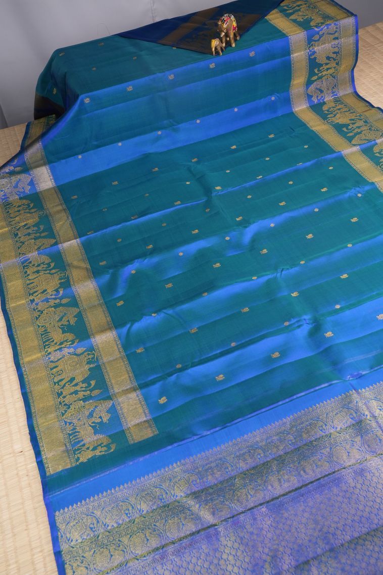 Ocean Blue Kanchipuram Silk Sarees with Gold Zari Buttis (small Dots Or Motifs) view 2