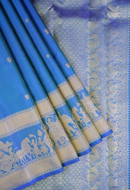 Ocean Blue Kanchipuram Silk Sarees with Gold Zari Buttis (small Dots Or Motifs)