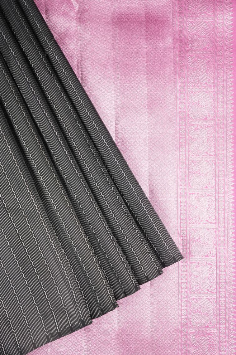 Asphalt Black Kanchipuram Silk Sarees with Silver Zari Stripes view 1