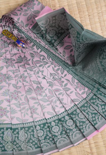 Ballet Pink Visiri Madippu Silk Sarees with Silver Zari Floral Patterns