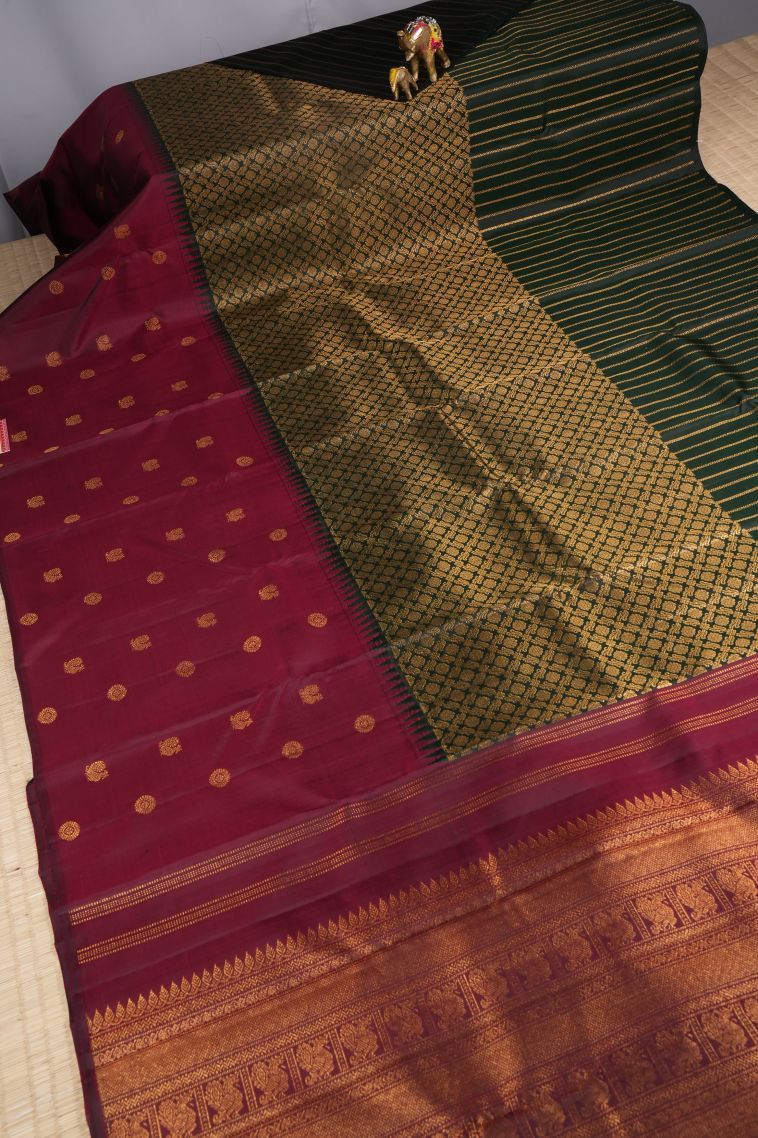 Bottle Green Kanchipuram Silk Sarees with Gold Zari Buttis (small Dots Or Motifs) view 2