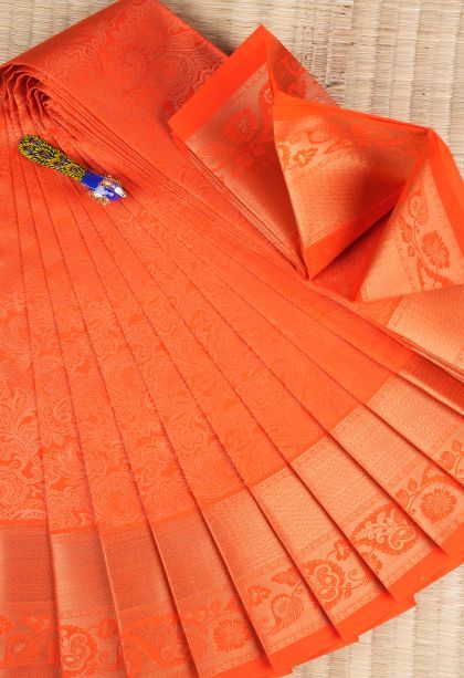 Tiger Orange Visiri Madippu Silk Sarees with Copper Zari Floral Patterns