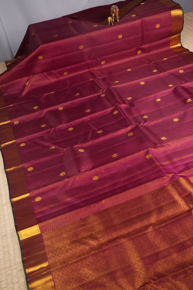 Lipstick Red Kanchipuram Silk Sarees with Gold Zari Checks view 2