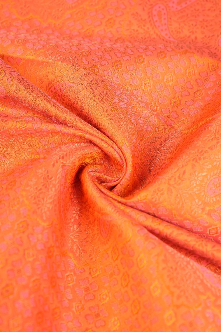 Coral Pink Visiri Madippu Silk Sarees with Copper Zari Floral Patterns view 4