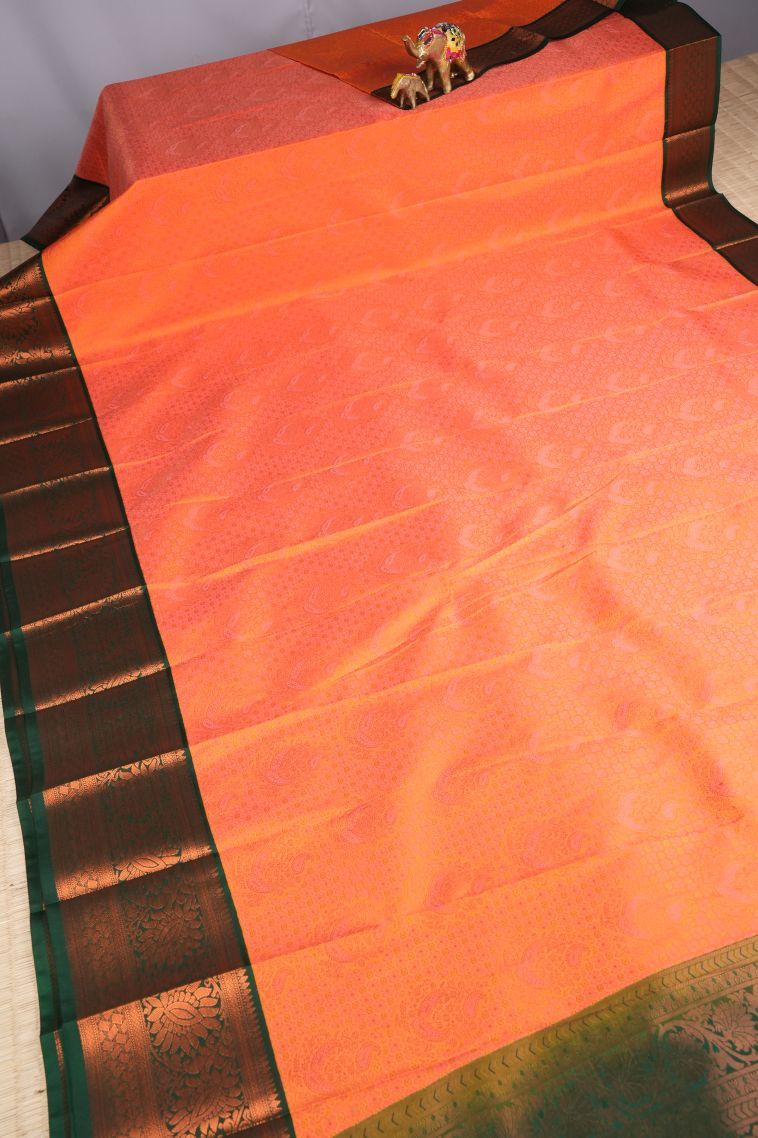 Coral Pink Visiri Madippu Silk Sarees with Copper Zari Floral Patterns view 2