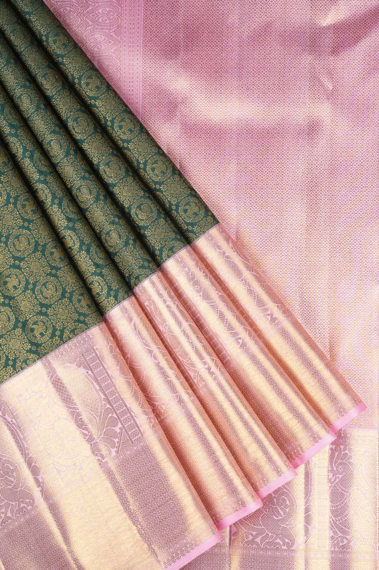 Bottle Green Kanchipuram Silk Sarees with Gold Zari Floral Patterns view 1