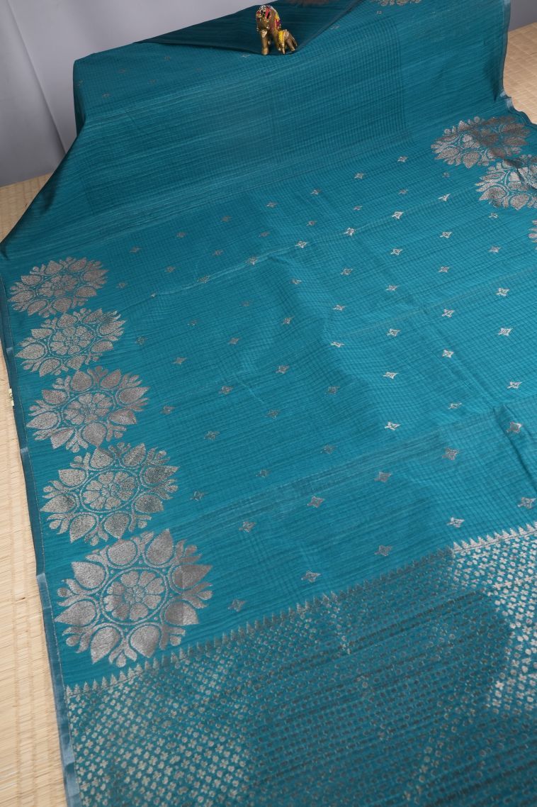 Cerulean Blue Jute Sarees with Copper Zari Buttis (small Dots Or Motifs) view 2