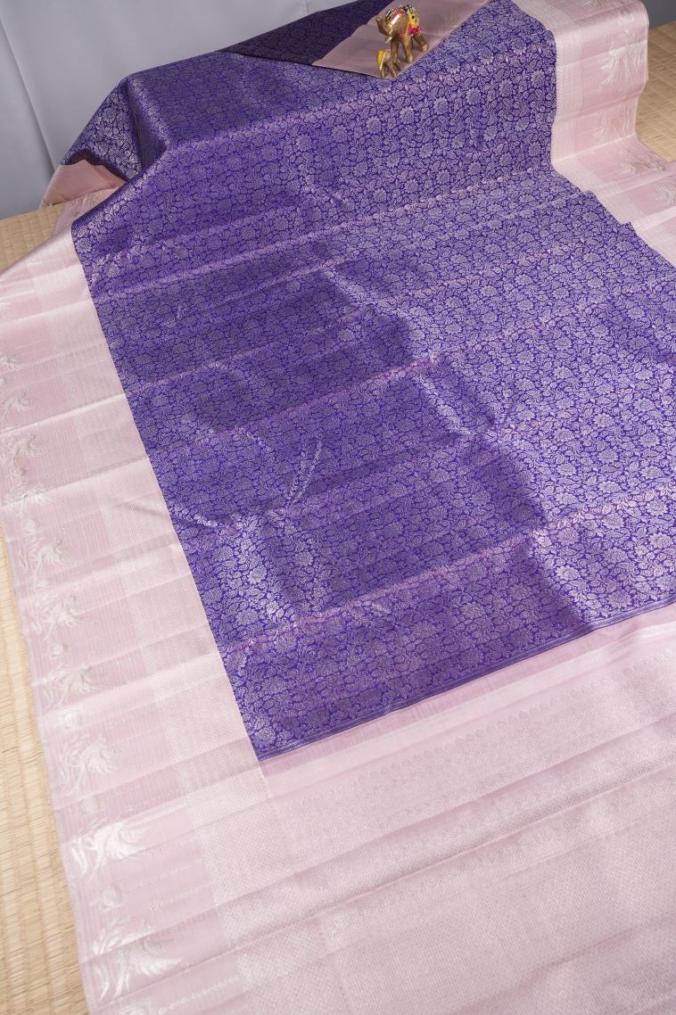 Viola Purple Kanchipuram Silk Sarees with Silver Zari Floral Patterns view 2