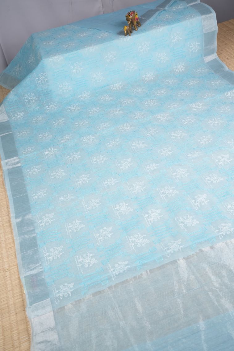 Sky Blue Organza Saree with Without Zari Zari Floral Patterns view 2