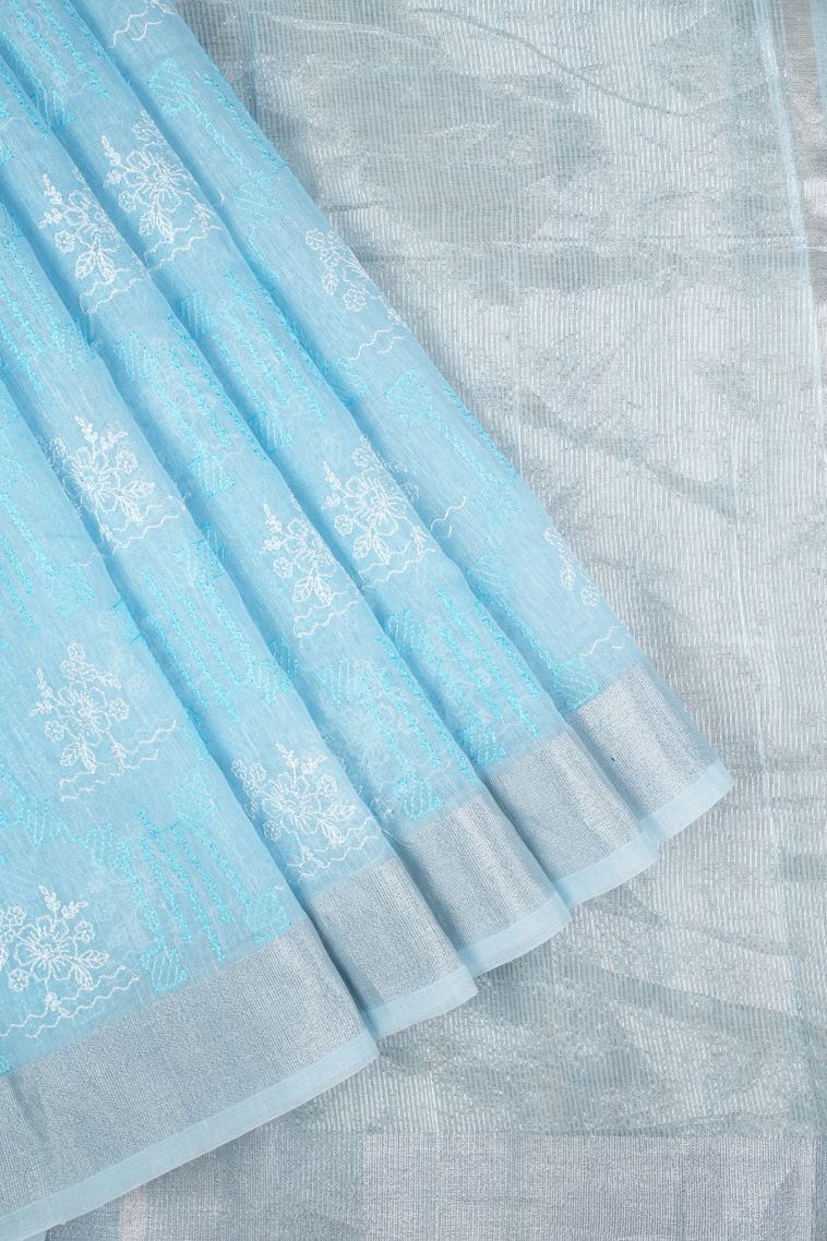Sky Blue Organza Saree with Without Zari Zari Floral Patterns view 1