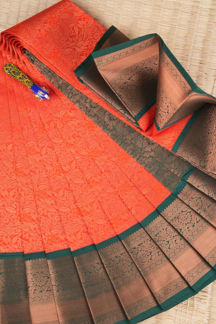 Tiger Orange Visiri Madippu Silk Sarees with Copper Zari Floral Patterns view 1