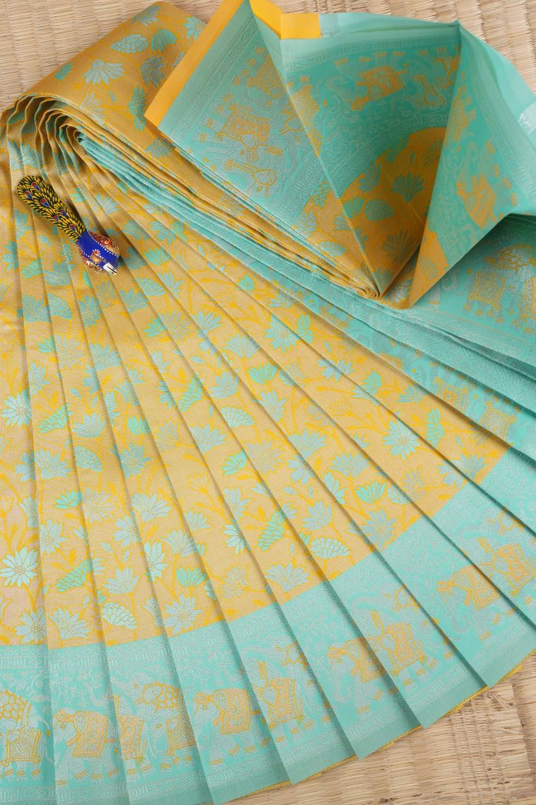 Lemon Yellow Visiri Madippu Silk Sarees with Silver Zari Buttis (small Dots Or Motifs) view 1