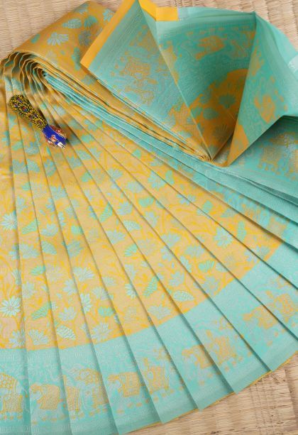 Lemon Yellow Visiri Madippu Silk Sarees with Silver Zari Buttis (small Dots Or Motifs)