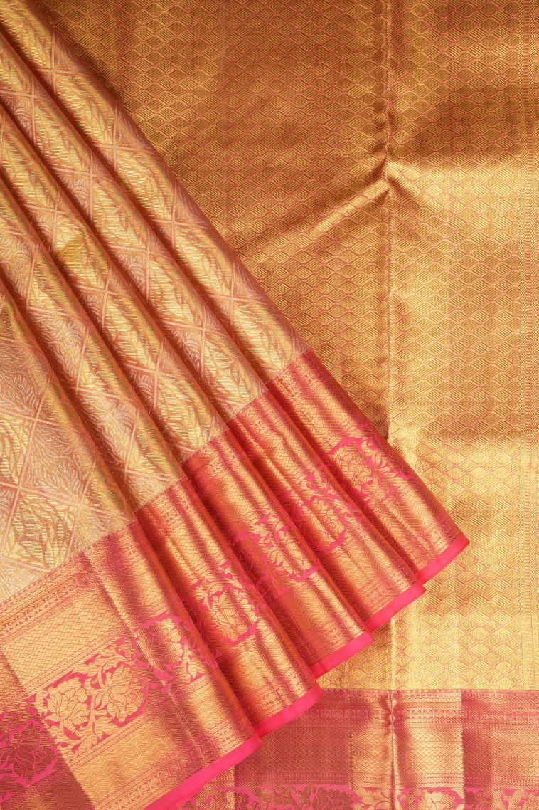 Apricot Orange Kanchipuram Silk Sarees with Gold Zari Geometric Shapes view 1